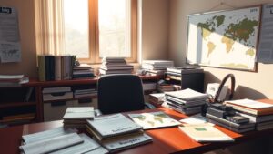 Een rommelig kantoor met internationale zakengidsen en juridische documenten op het bureau.