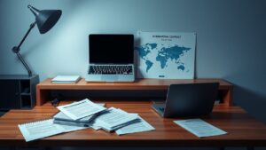 Een opgeruimde kantoorwerkruimte met laptop, contracten en wereldkaart.