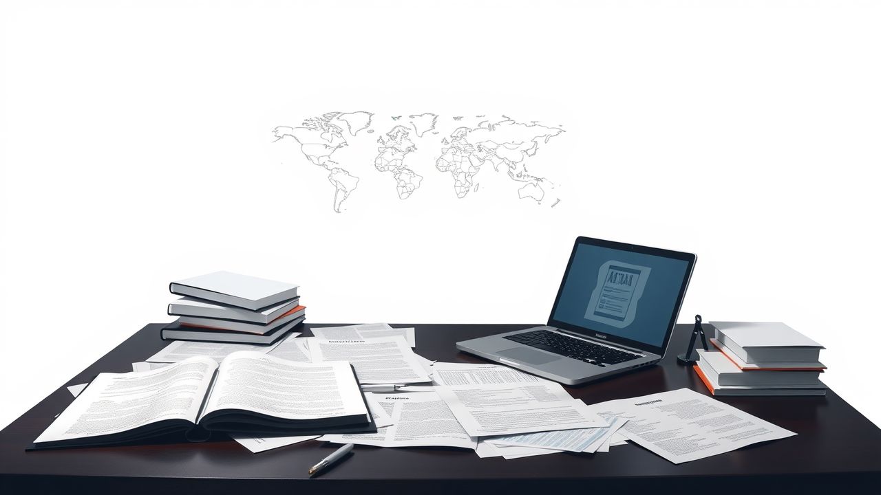 Een druk kantoorbureau met juridische documenten en contracten, en een laptop.
