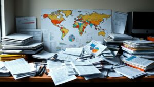 Een rommelig bureau met wereldwijde werkuitdagingen en documenten.