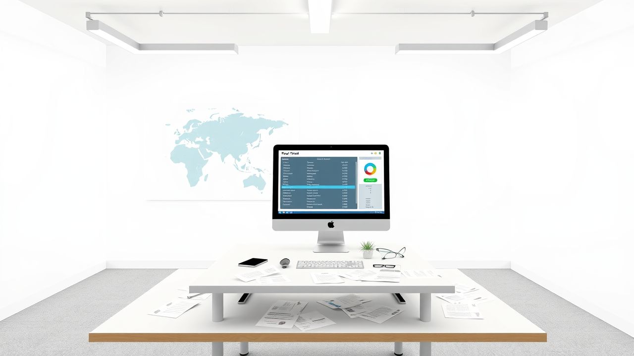 Een kantooromgeving met een wereldkaart, bureau en computer.