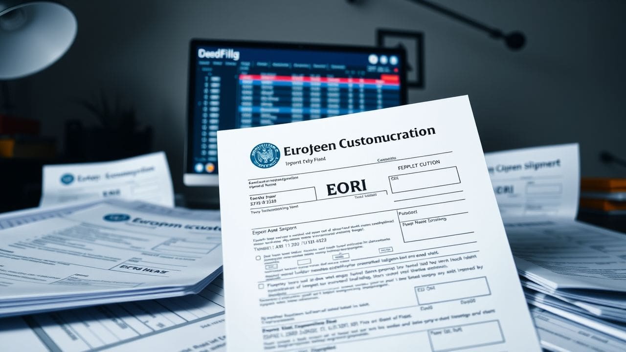 Een drukke douane- en verzendingsadministratie met een focus op EORI-nummers.