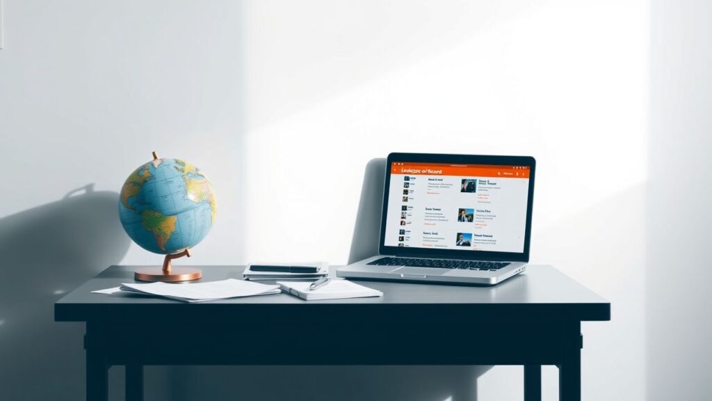 Een wereldwijd georganiseerde werkplek met een open laptop en een globe.