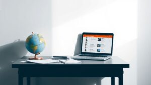 Een wereldwijd georganiseerde werkplek met een open laptop en een globe.