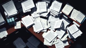 Een rommelig bureau vol met administratieve papieren en uitdagingen van HR-processen.