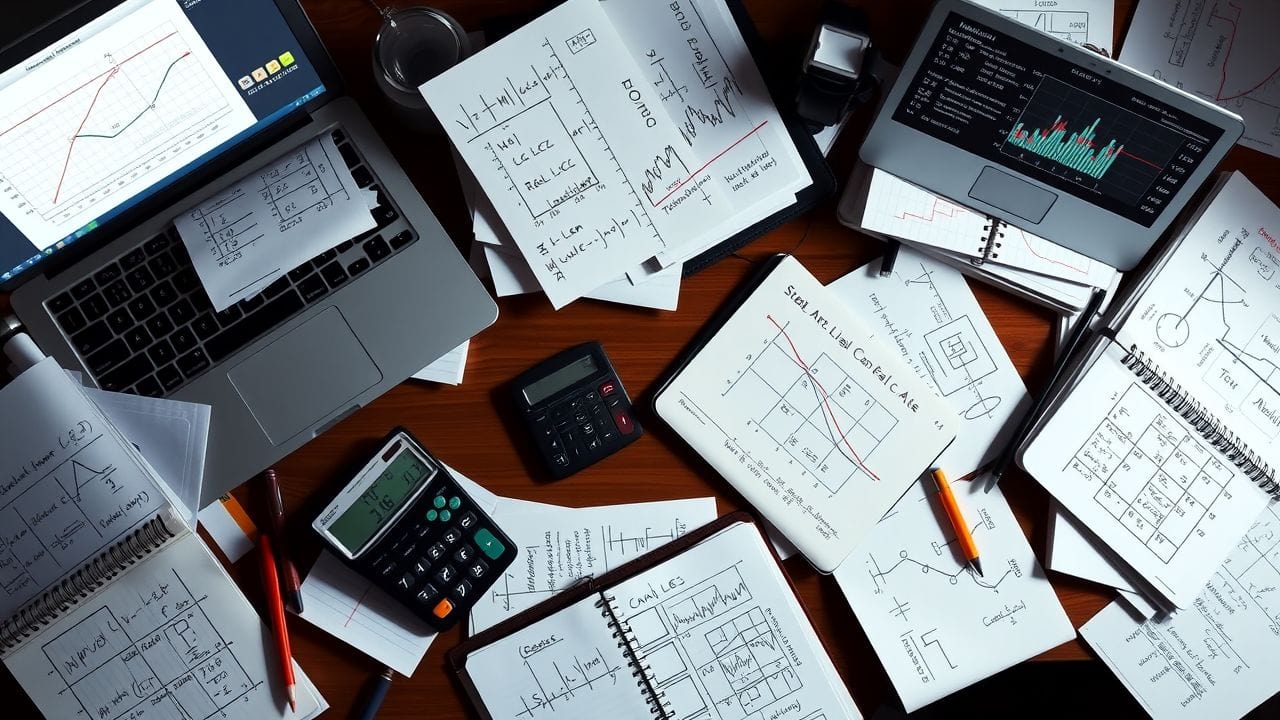 Een rommelig bureau vol met econometrie en operationeel onderzoek studies.