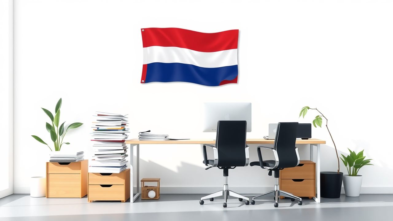 Een modern kantoor met een Nederlandse vlag en professionele werkruimte.