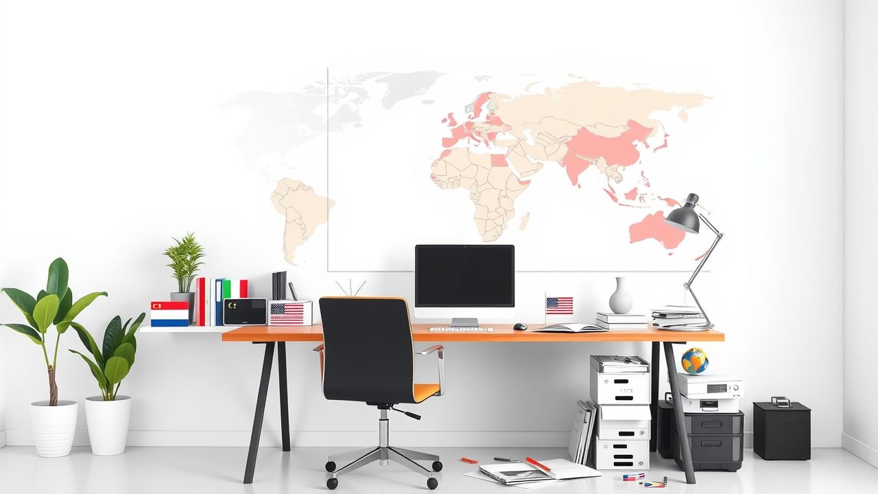 Een georganiseerde internationale werkplek met wereldkaart en vlaggen.