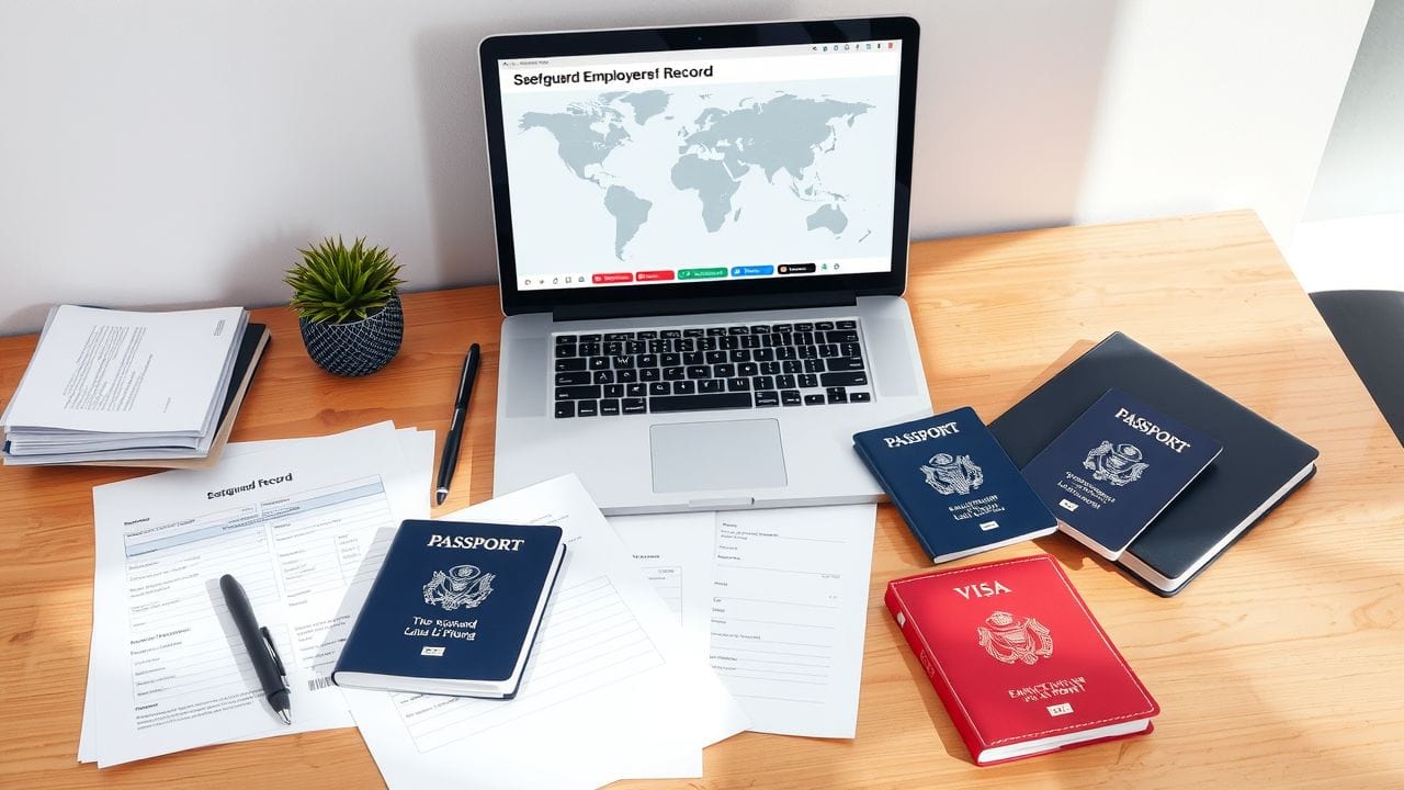 Een georganiseerd kantoor met internationale zakelijke documenten en een open laptop.
