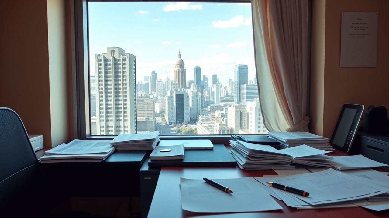 Een rommelig kantoorbureau met uitzicht op de Buenos Aires skyline.