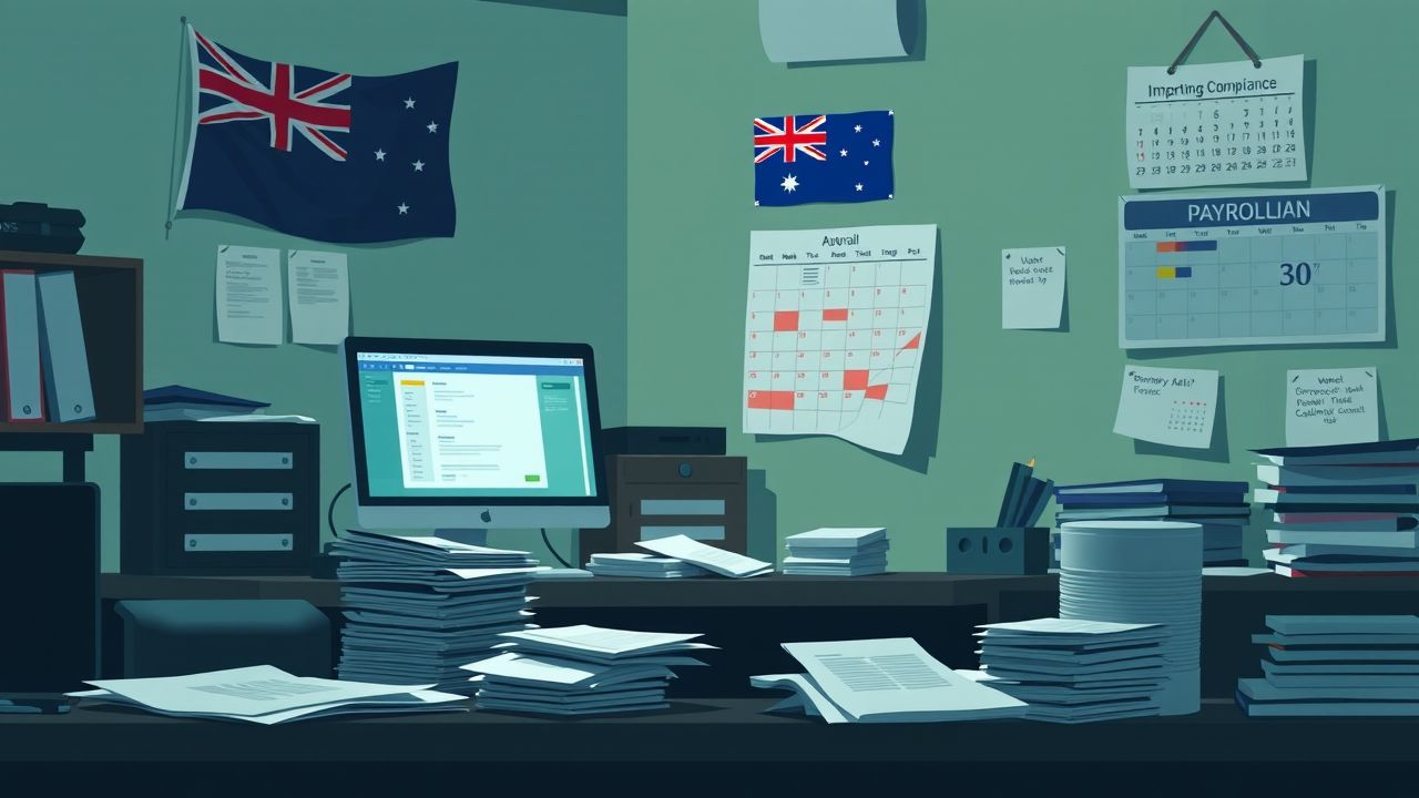 Een rommelig kantoor met druk op payroll en conformiteit deadlines.