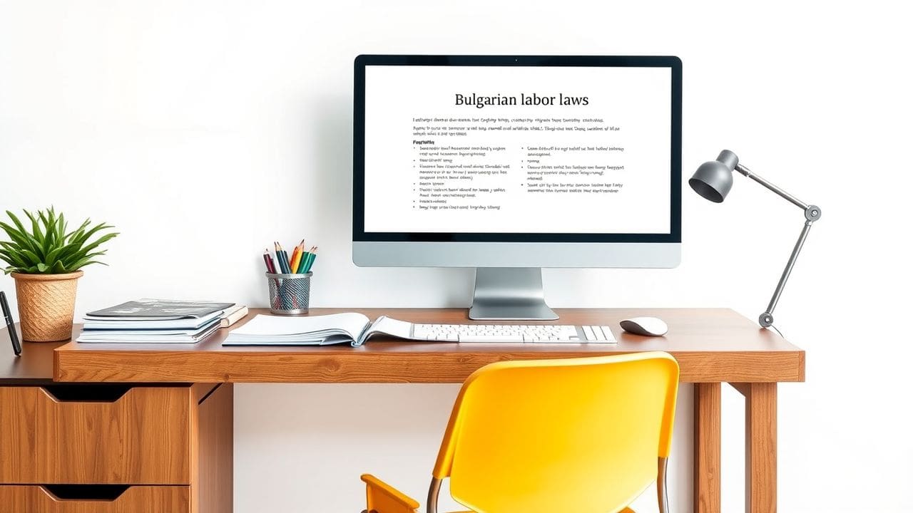 Een georganiseerd kantoorbureau in Sofia, Bulgarije, met essentiële documenten en een computer met informatie over arbeidswetten.
