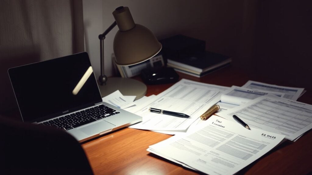 Een rommelig kantoor met juridische documenten, belastingformulieren en een laptop.