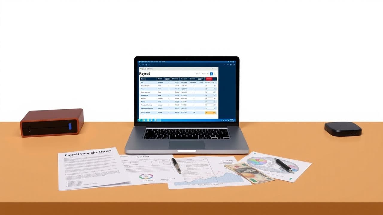 Een bureau met een open laptop, internationale payroll software en juridische documenten.