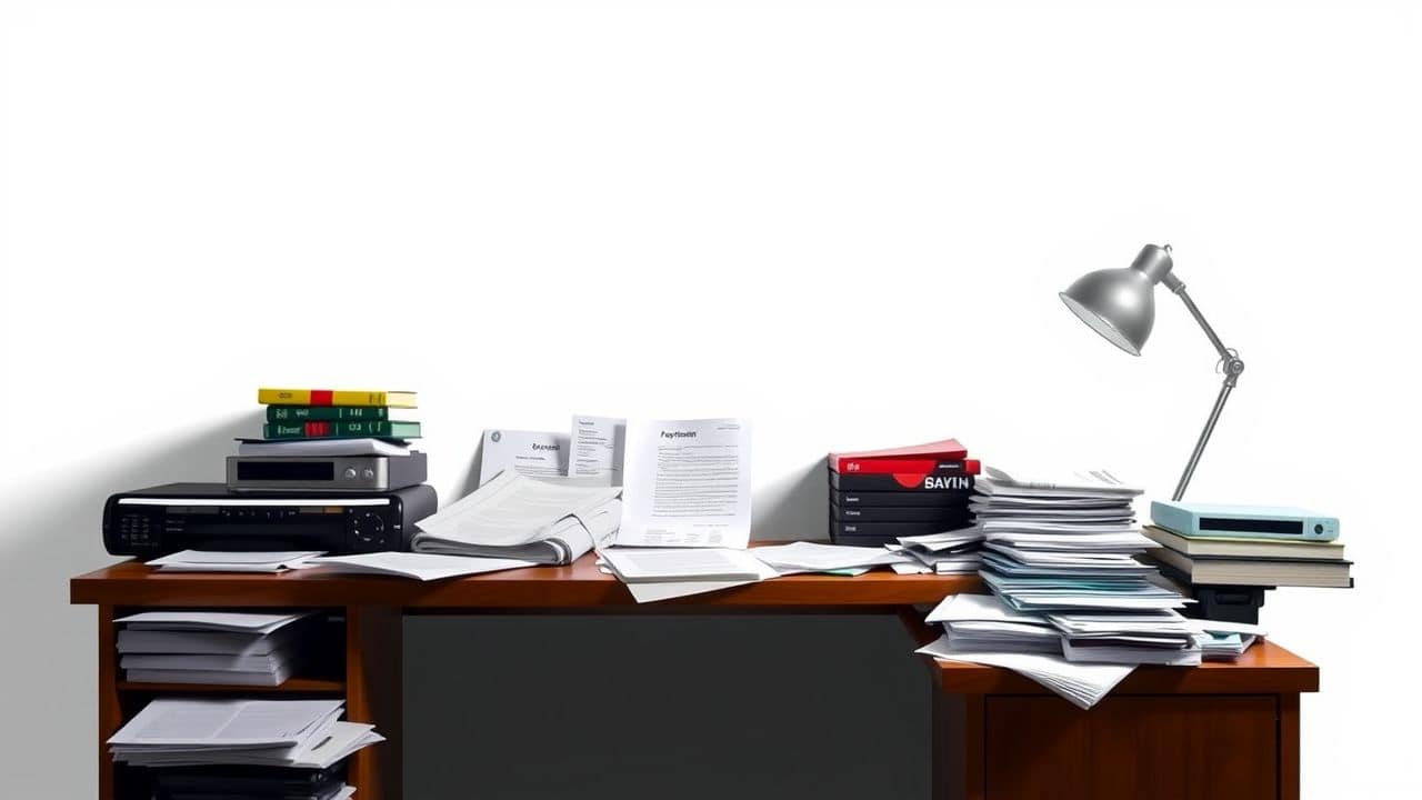 Een rommelig kantoorbureau met papieren en contracten illustreert werkgeversverantwoordelijkheden in Denemarken.