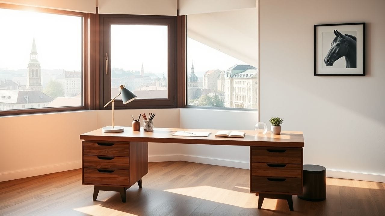 Een vintage Deens kantoorbureau met een modern minimalistisch ontwerp en uitzicht op de stad Kopenhagen.