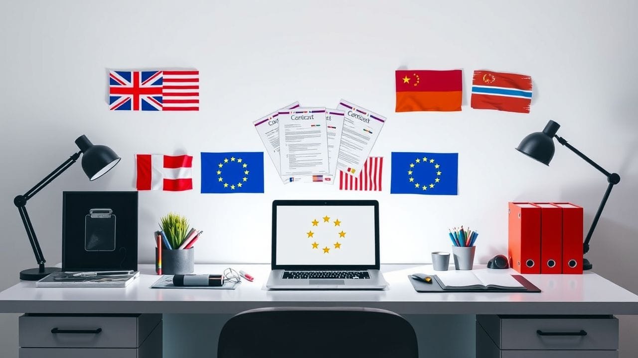 Een beeld van een kantoorbureau met laptop, contracten en internationale vlaggen.