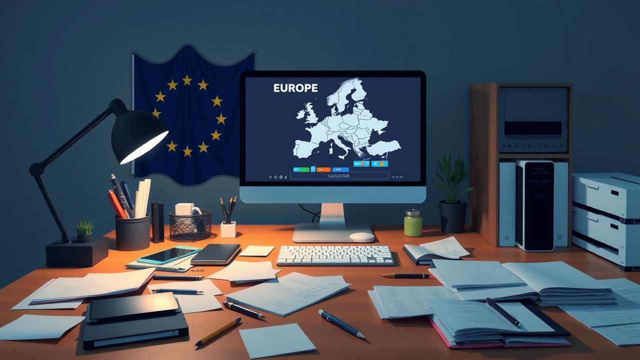 Een druk Europees kantoor met computer en kantoorbenodigdheden.