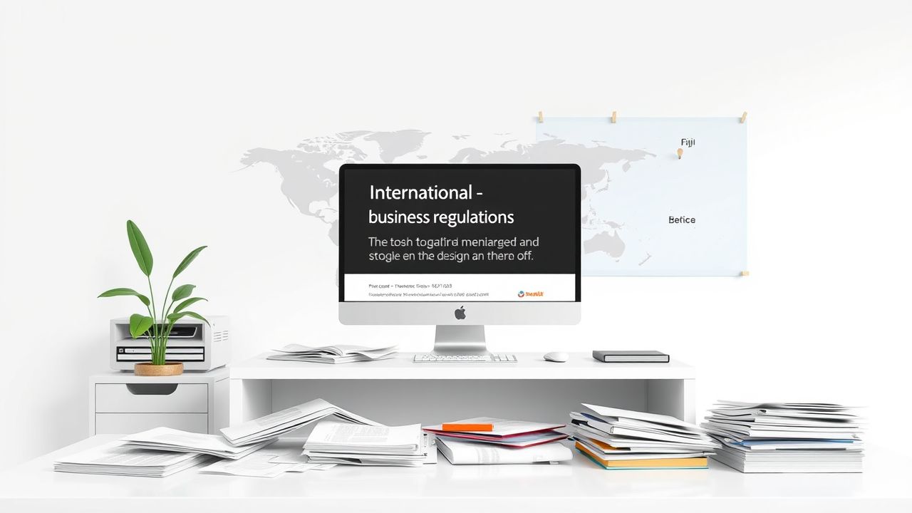 Een moderne kantoorruimte met een rommelig bureau en wereldkaart.