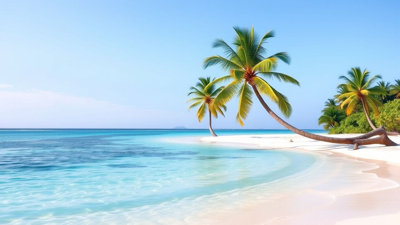 Een rustig tropisch strand in Fiji met turquoise water en palmbomen.