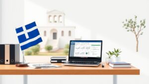 Een georganiseerd kantoorbureau in Griekenland met juridische documenten, vlag en laptop.