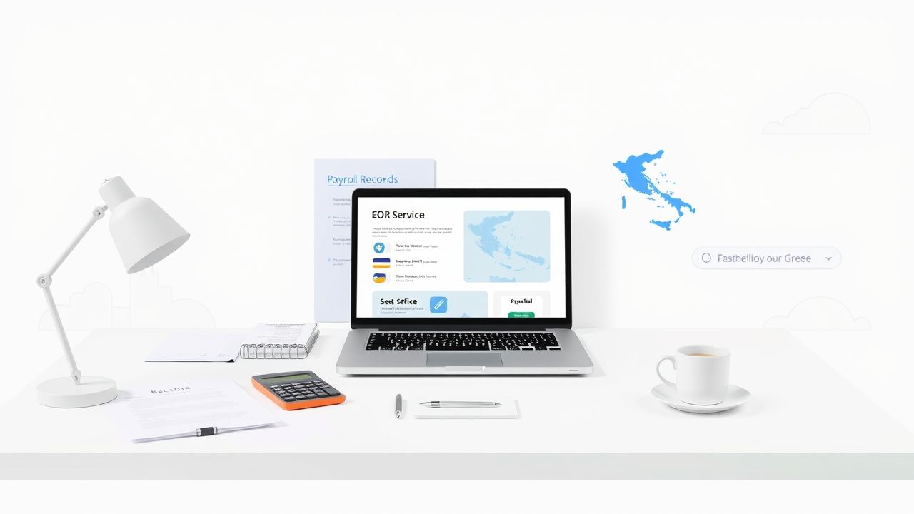 De afbeelding toont een kantooropstelling voor een werkgever van record (EOR) in Griekenland. De afbeelding toont een kantooropstelling voor een werkgever van record (EOR) in Griekenland.