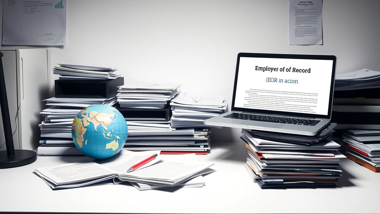 Een rommelig kantoor met internationale werkdocumenten en een laptop.