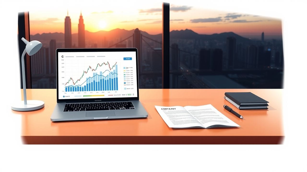 Een kantoor in Hong Kong met laptop, financiële grafieken en juridische documenten.