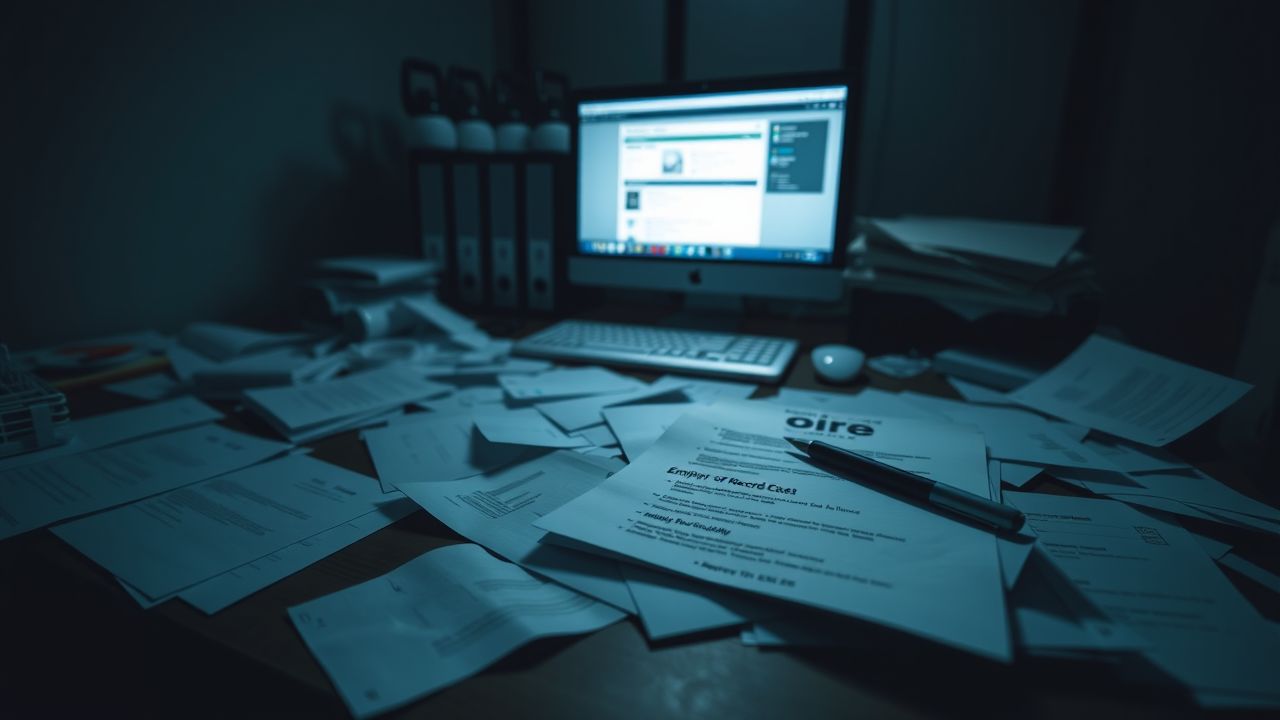 Een rommelig bureau met documenten en een computer met EOR-services.