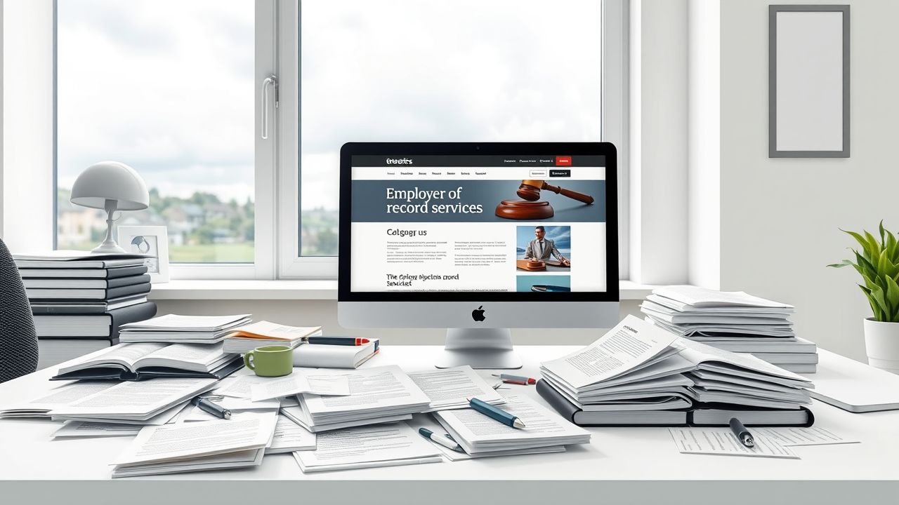 Een rommelig bureau in een kantoor in Ierland, met een computer en papierwerk.