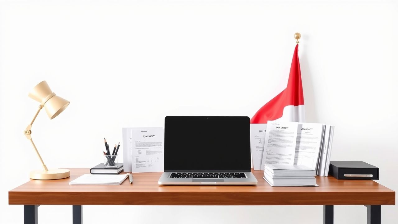 Een georganiseerde werkruimte met een laptop, contracten en belastingdocumenten.
