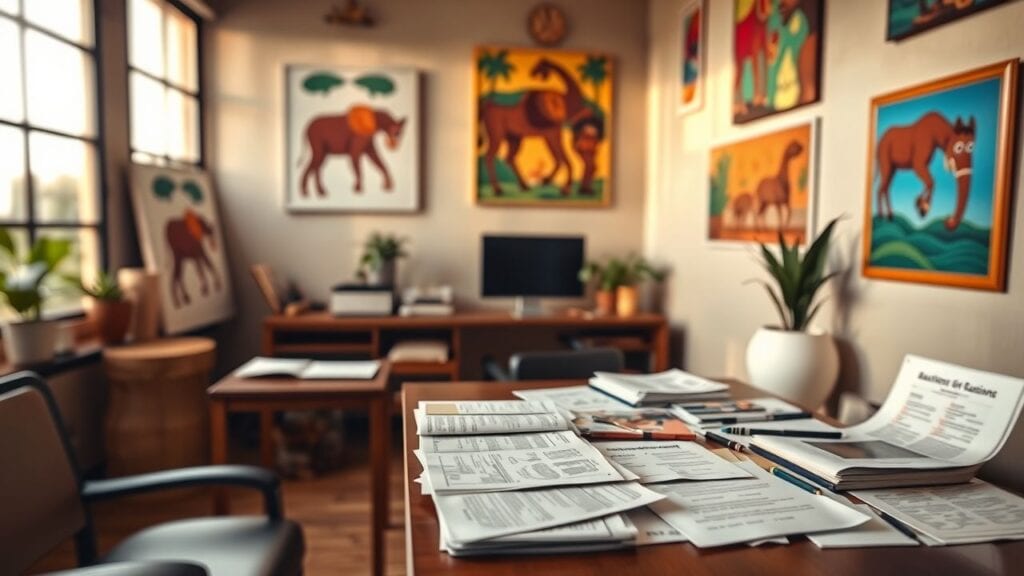 Een werkruimte in Kenia met lokale kunst en papierwerk.