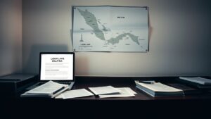 Een rommelig kantoor met juridische documenten, een laptop en een kaart van Maleisië.