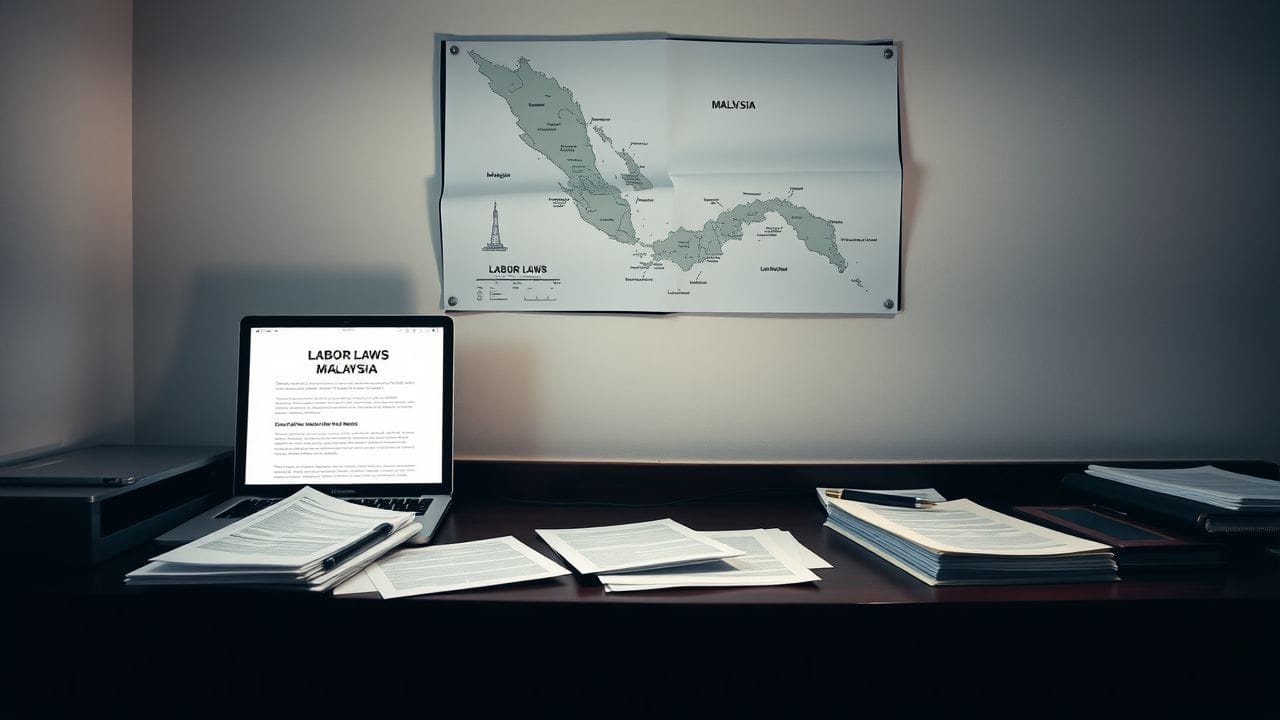 Een rommelig kantoor met juridische documenten, een laptop en een kaart van Maleisië.