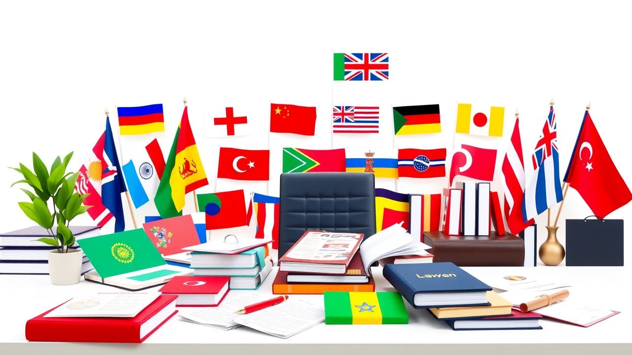 Een internationaal kantoor met verschillende landenvlaggen en documenten op een bureau.