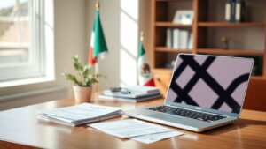 Een kantoorbureau met juridische papieren, een laptop en een Mexicaanse vlag.