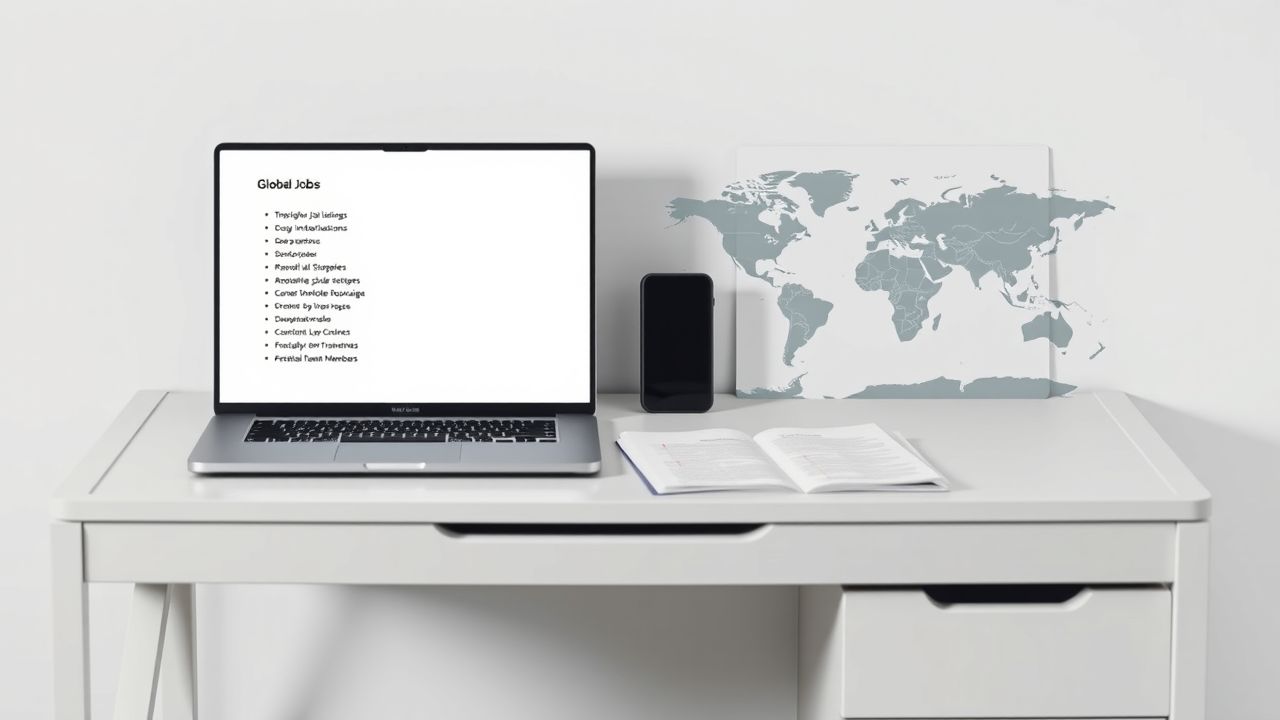 Een georganiseerd kantoorbureau met wereldwijde vacatures en zakelijke documenten.