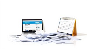 Een rommelig bureau met papierwerk, een laptop en een bureaukalender.