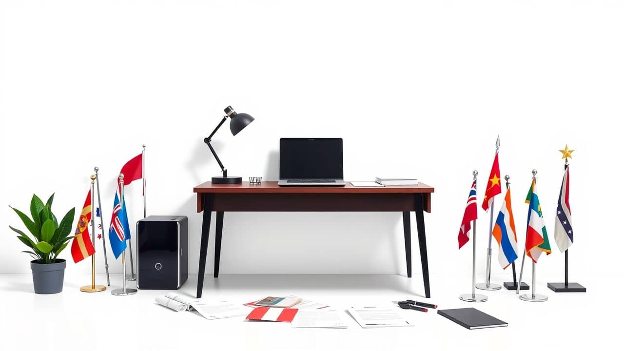 Een modern kantoorbureau met een laptop, papierwerk en internationale zakenvlaggen.