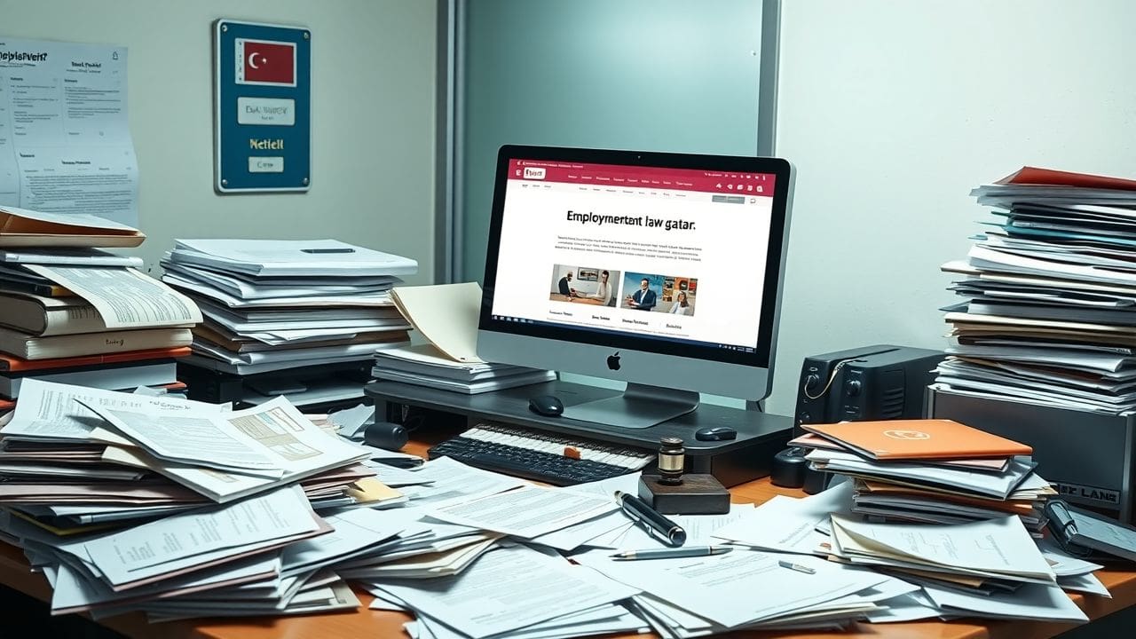 Een rommelig kantoorbureau in Qatar toont complexe arbeidswetgeving.