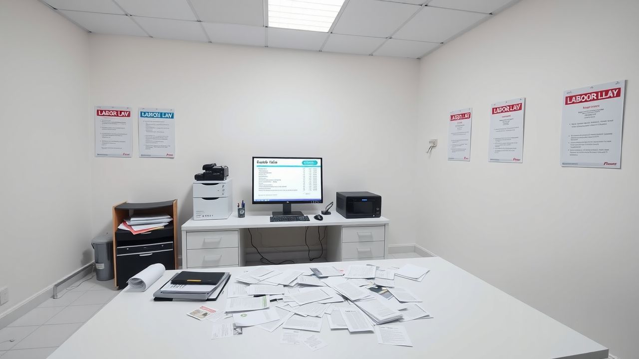Een rommelig kantoor met loonadministratie en arbeidswetgevingsposters.