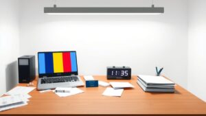 Een rommelig kantoorbureau met een laptop en stapel visitekaartjes.