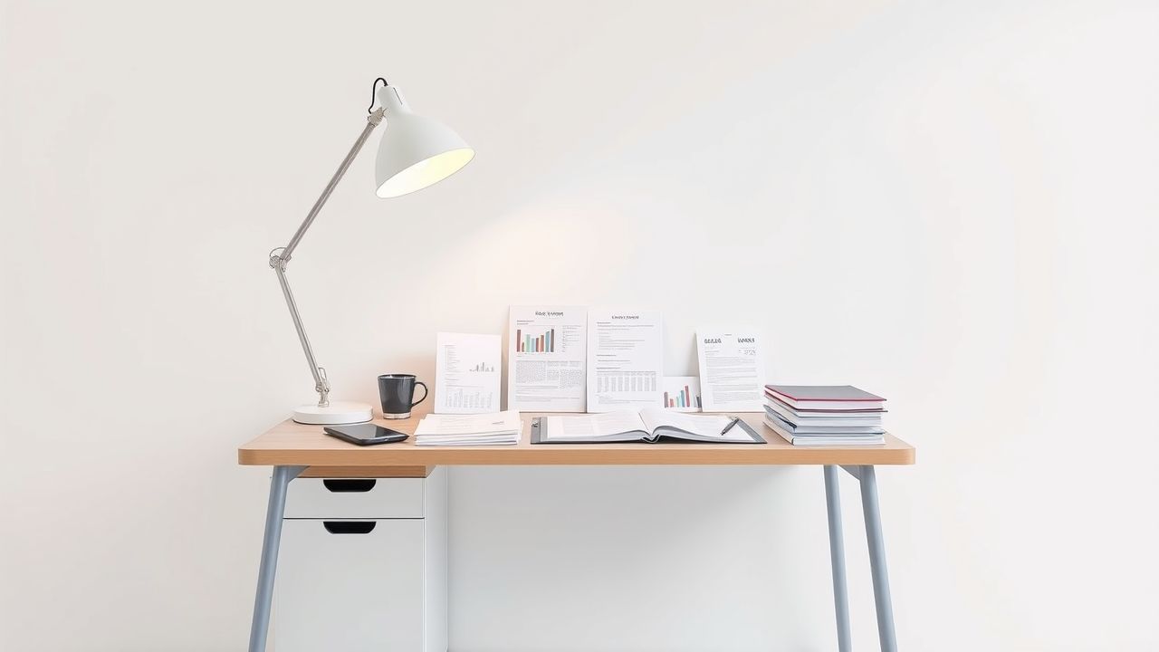 Een rommelig modern kantoorbureau met papierwerk en documenten.