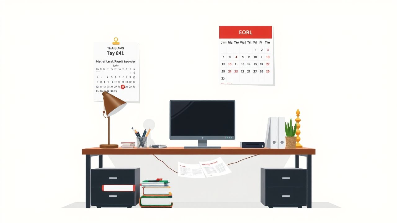 Een rommelig kantoorbureau met Thaise decoraties en zakelijke documenten.