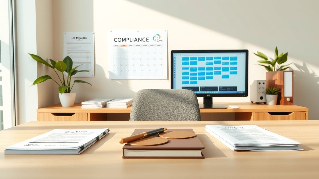 Een modern kantoor in Thailand met georganiseerde documenten en een compliance-kalender.