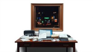 Een rommelig bureau in Vietnam met documenten, laptop en stadszicht.