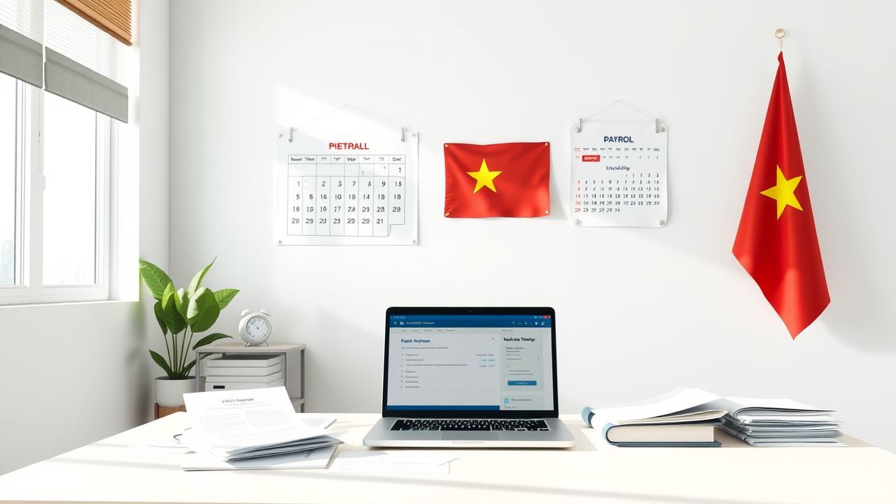 Een kantoor in Vietnam met een bureau, laptop en vlag.