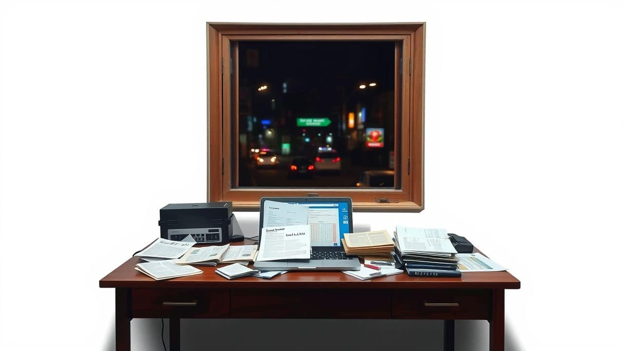 Een rommelig bureau in Vietnam met documenten, laptop en stadszicht.