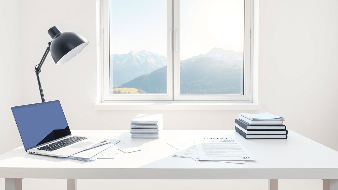 Een opgeruimd kantoorbureau met papierwerk en laptop met uitzicht op de Zwitserse Alpen.