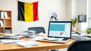 Een rommelig kantoor in België met een modern design en productieve sfeer.